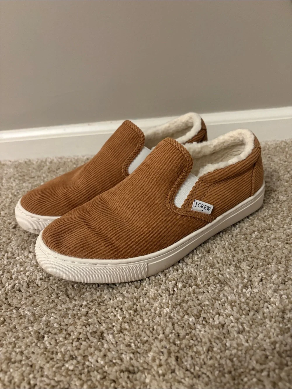 J. Crew Corduroy Slip-On Sneakers in Camel Brown with Cream Lining